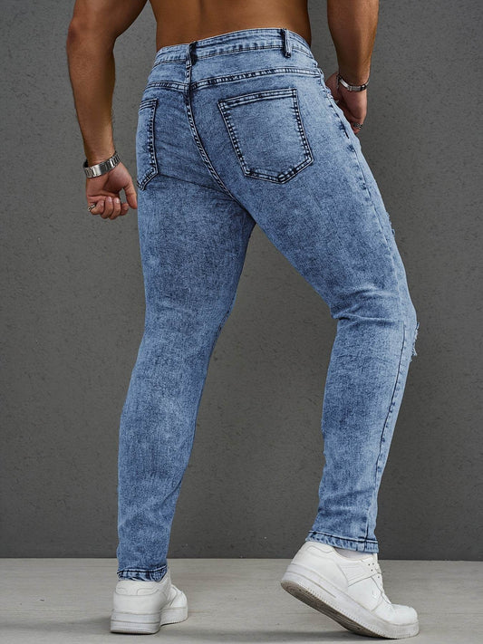 Men’s Slim Fit Distressed Jeans - Stretch Ripped Denim, Light Blue Casual Style - Buy Center US