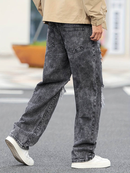 Men's Casual Wide-Leg Denim Jeans - Dark Grey Ripped Trousers, All-Season - Buy Center US