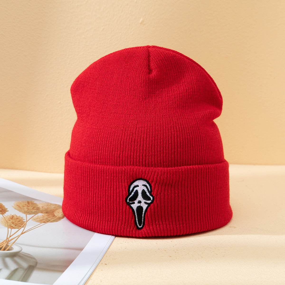 Buycenter Dark Embroidered Ghost Face Knitted Hat - Stylish Winter Accessory - Buy Center US