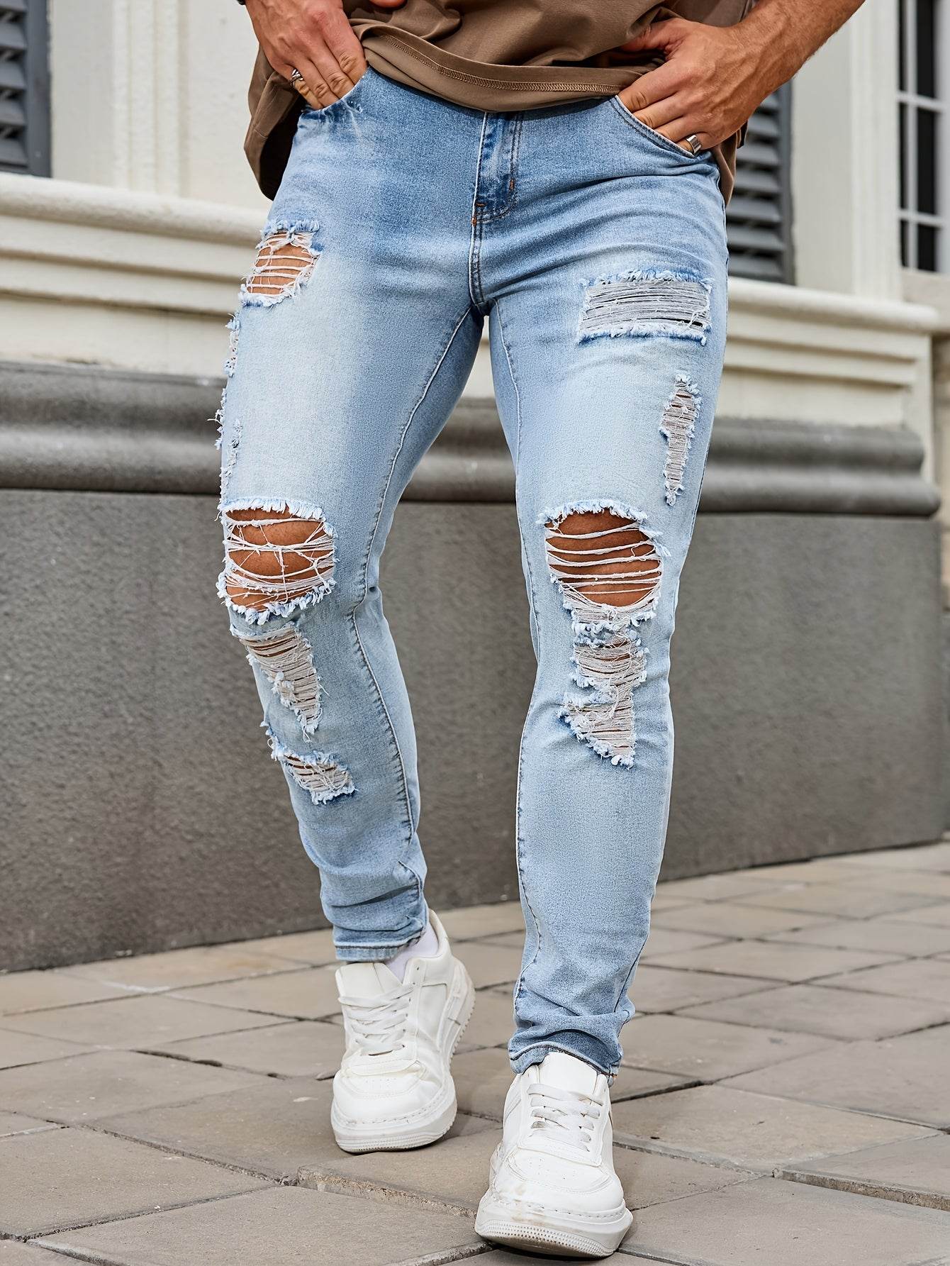 Men's Ripped Skinny Jeans - Casual Denim with Slight Stretch for All Seasons - Buy Center US