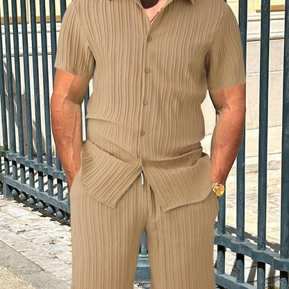 Men's Trendy Casual Short Sleeve 2pcs Set - Wave Texture Fabric - Buy Center US