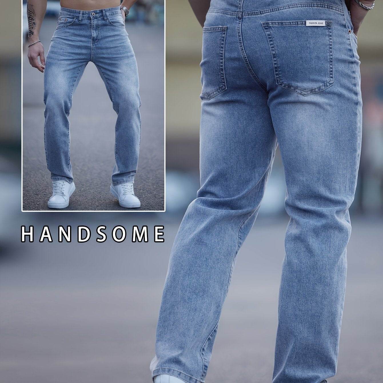 Men's Light Blue Washed Jeans - Embroidered, Relaxed Fit for Casual Style - Buy Center US