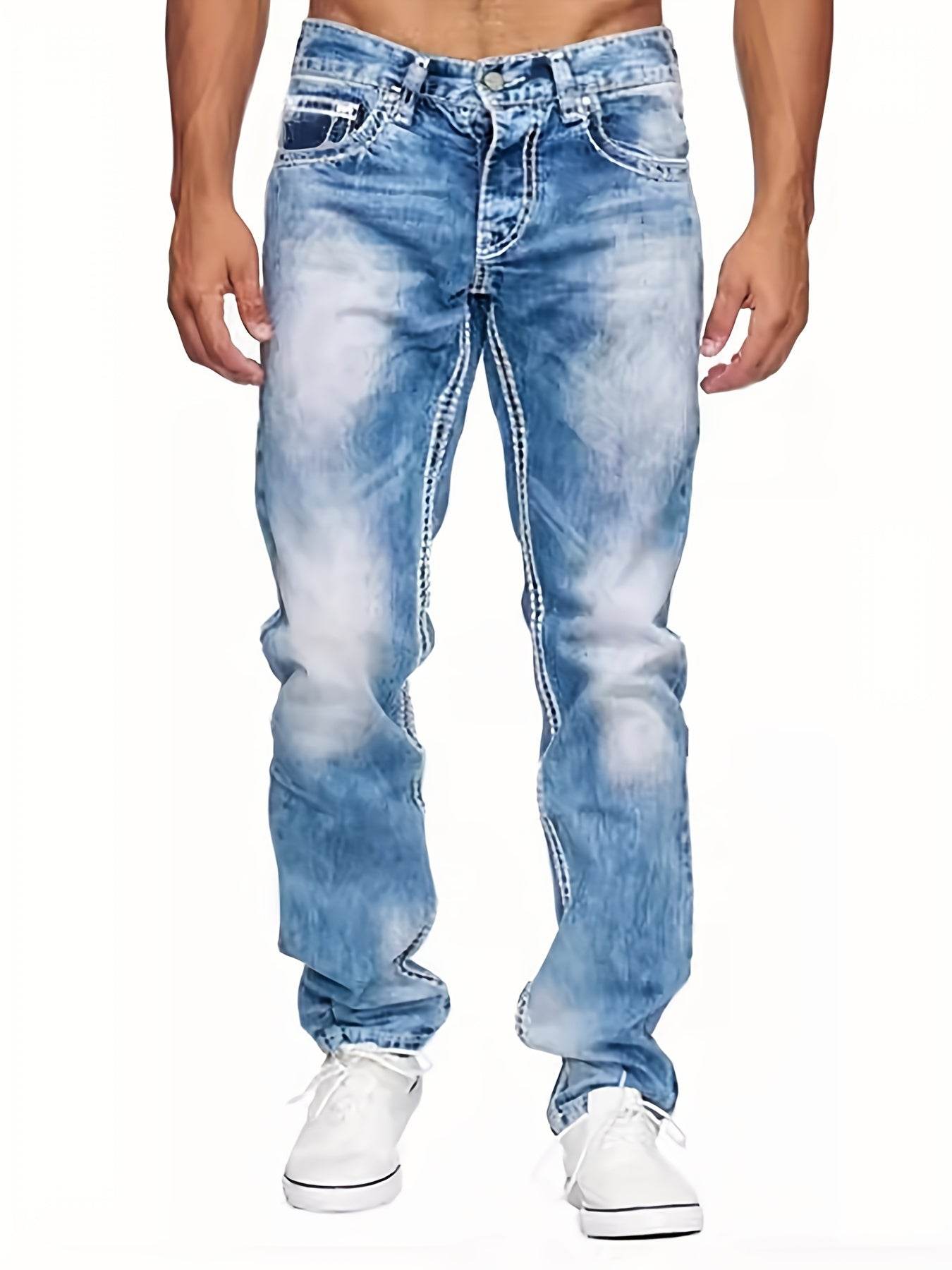 Men's Classic Blue Jeans - Stretch Denim with Geometric Pattern, Machine Washable - Buy Center US