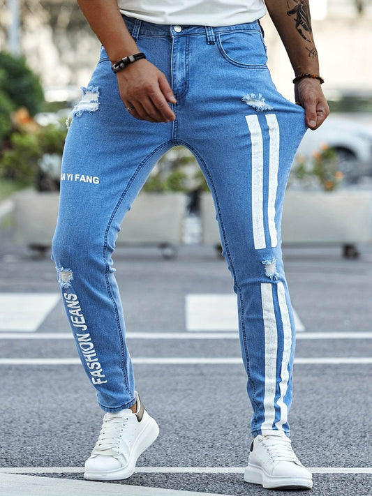 Men's Slim Fit Stretchy Denim Jeans - Casual Side Stripes Design - Buy Center US
