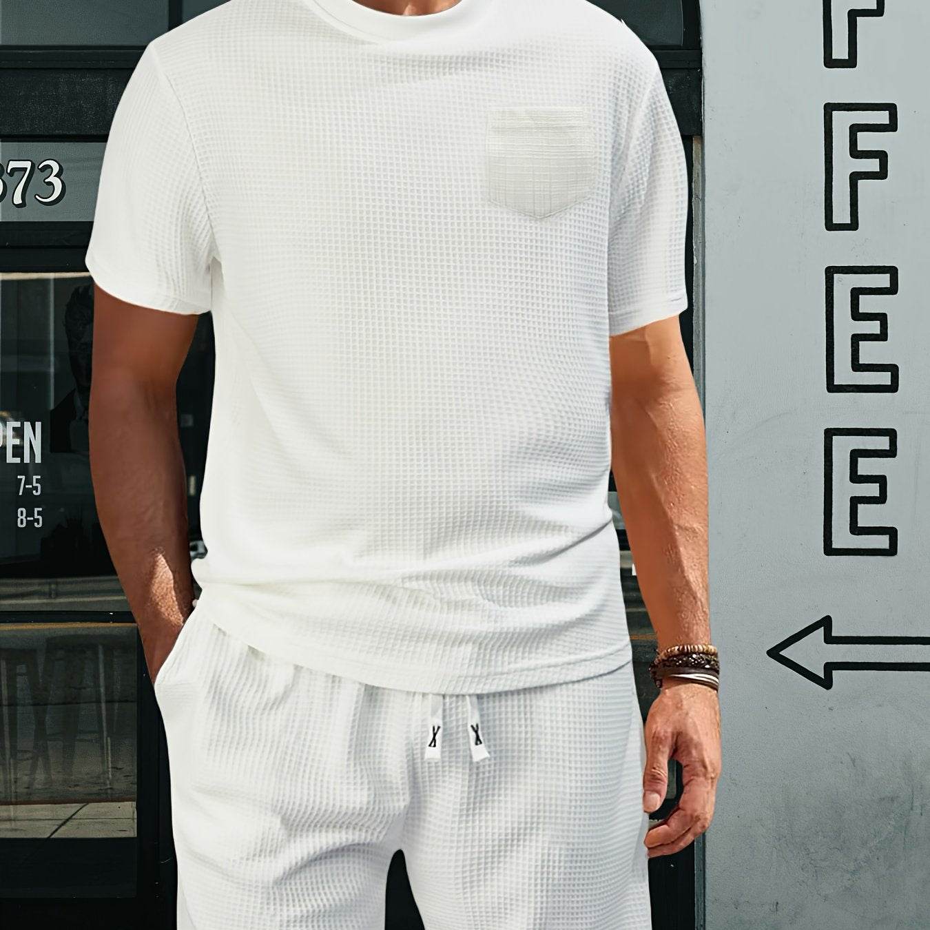 Casual Men's Sports Outfit - Waffle Henley T-Shirt & Stylish Beach Shorts - Buy Center US