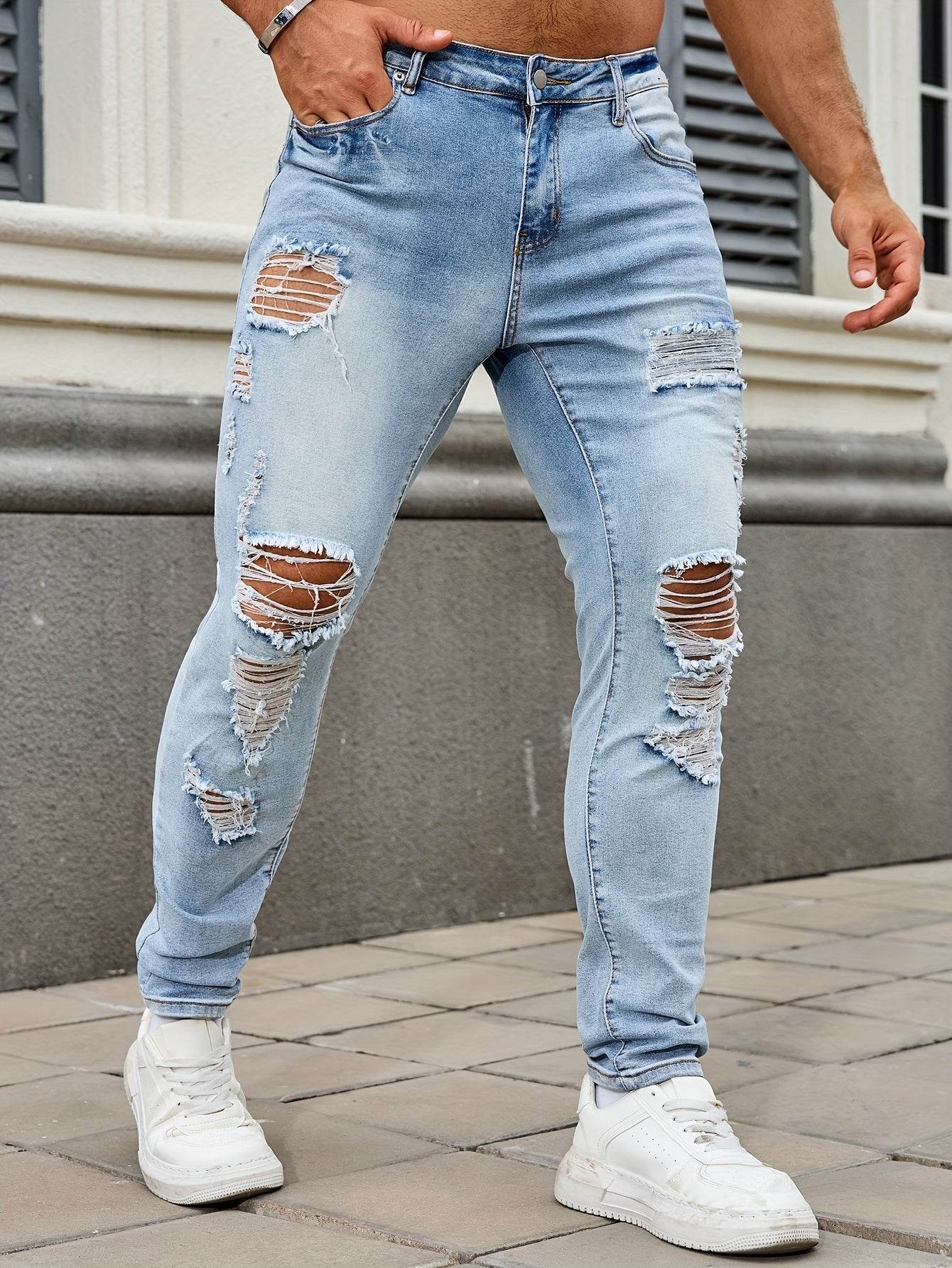 Men's Ripped Skinny Jeans - Casual Denim with Slight Stretch for All Seasons - Buy Center US