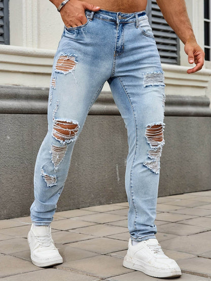 Men's Ripped Skinny Jeans - Casual Denim with Slight Stretch for All Seasons - Buy Center US