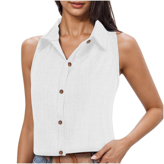 Women's Cotton Linen Button Shirt - Stylish Sleeveless Cardigan Top - Buy Center US