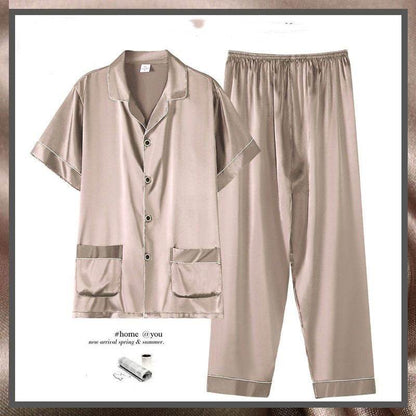 Buycenter Men's Summer Short Sleeve Trousers Suit - Thin Ice Silk Homewear - Buy Center US