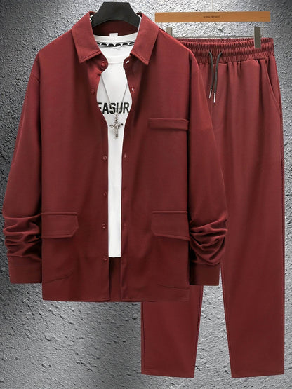 Men's Versatile Long-Sleeve Shirt & Jogger Set - 8 Shades for Every Occasion - Buy Center US