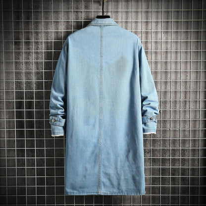 Buycenter Men's Denim Trench Coat - Casual Loose Fit, Mid-Length Style - Buy Center US
