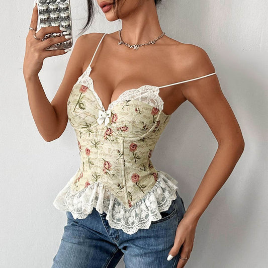 Retro Jacquard Stitching Lace Spaghetti-Strap Vest - Sexy Floral Style - Buy Center US