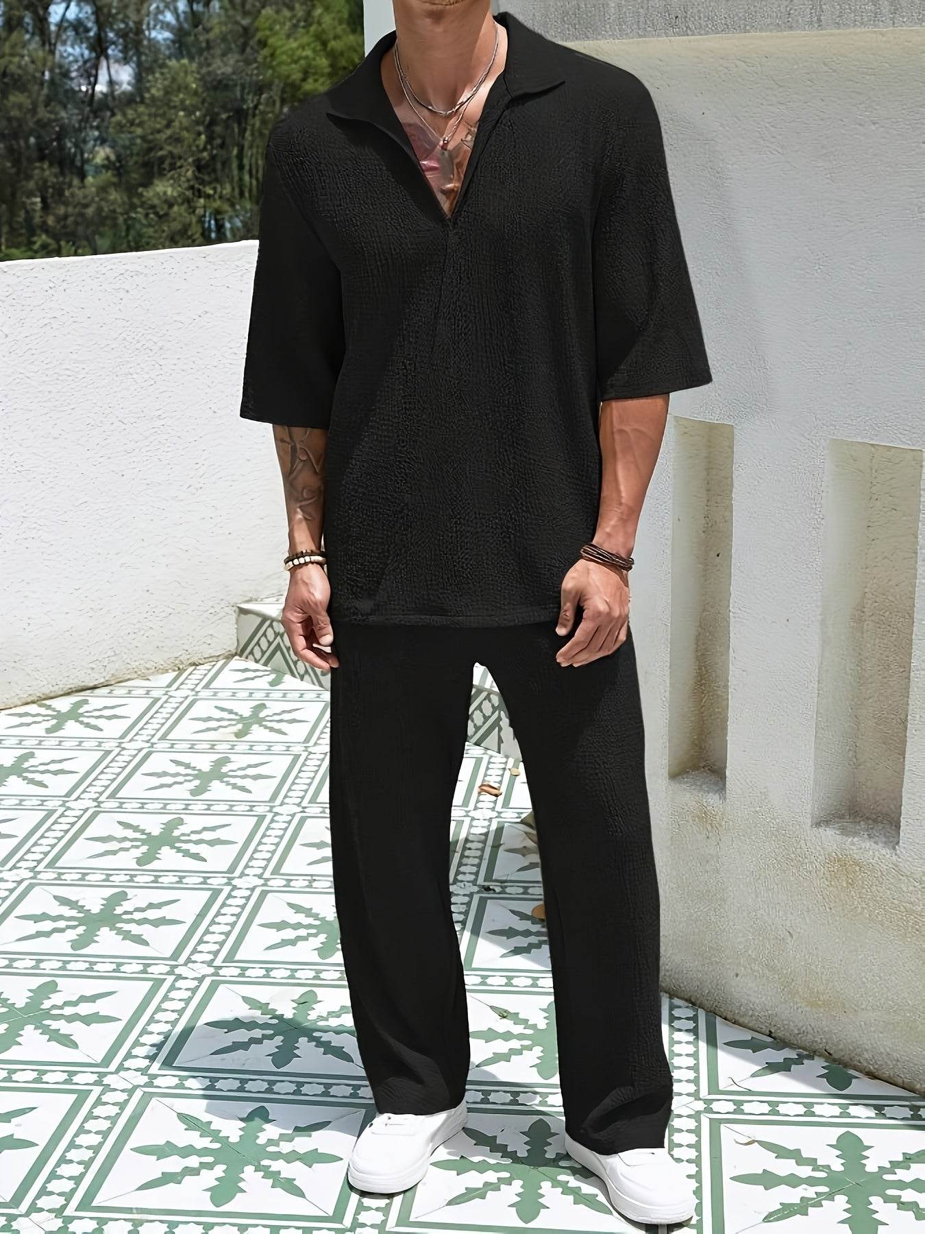 Men's Casual Two-Piece Suit - Short Sleeve Drop Shoulder Summer Style - Buy Center US