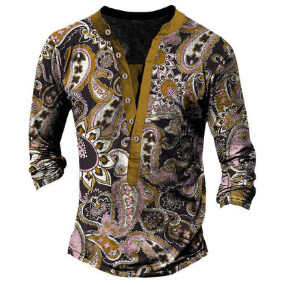 Printed Retro Fashion Casual Henry Neck T-shirt - Long Sleeves, Comfortable Fit - Buy Center US