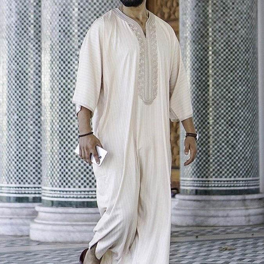 Buycenter Ethnic Style Loose Casual Muslim Robe - Embroidery, Linen Fabric - Buy Center US