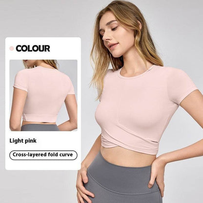 Short Sleeve Cross Pleated Yoga Top - Women's Activewear in Light Pink & Black - Buy Center US
