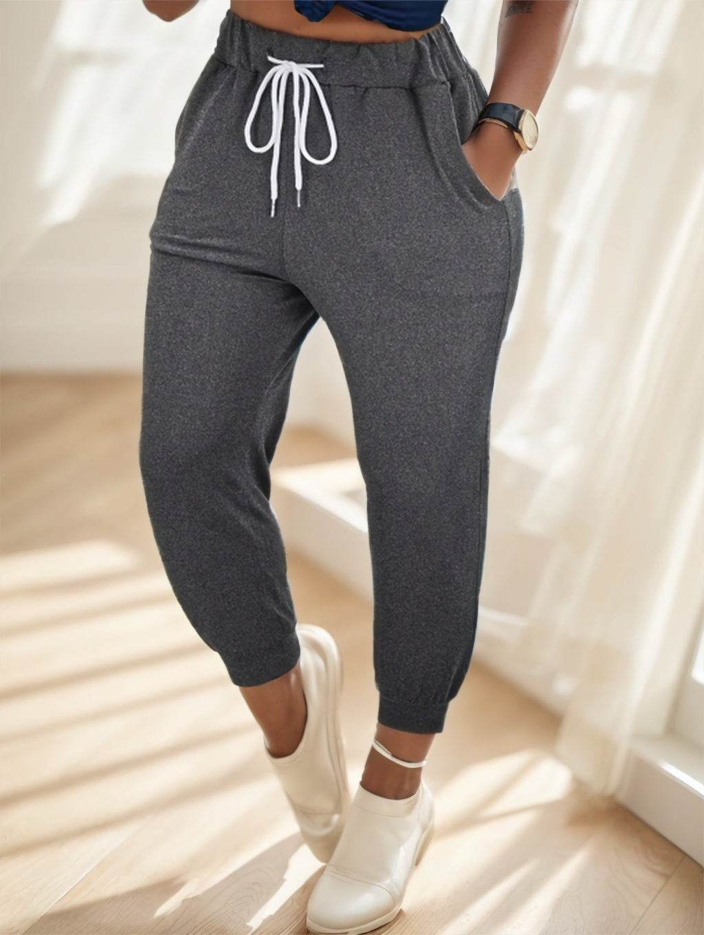 Elegant Solid Drawstring Waist Jogger Pants - Full-Length Patchwork Style - Buy Center US