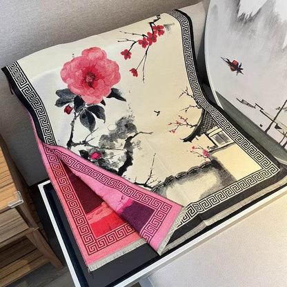 Chinese Aesthetic Ink Painting Shawl - Warm Cotton Scarf for Winter - Buy Center US