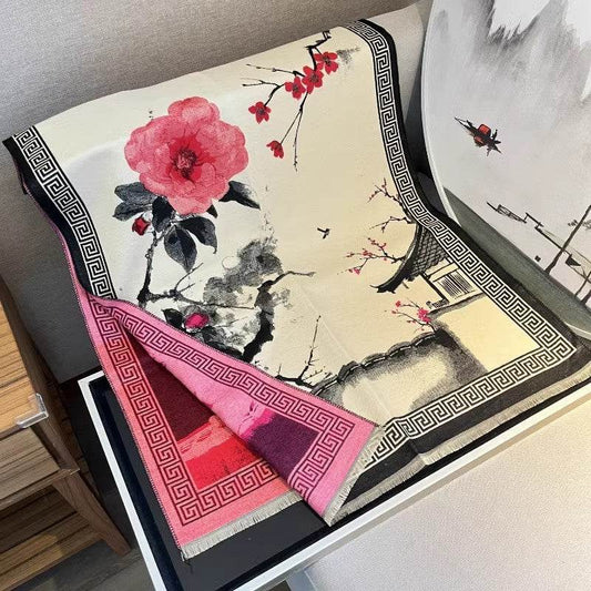 Chinese Aesthetic Ink Painting Shawl - Warm Cotton Scarf for Winter - Buy Center US