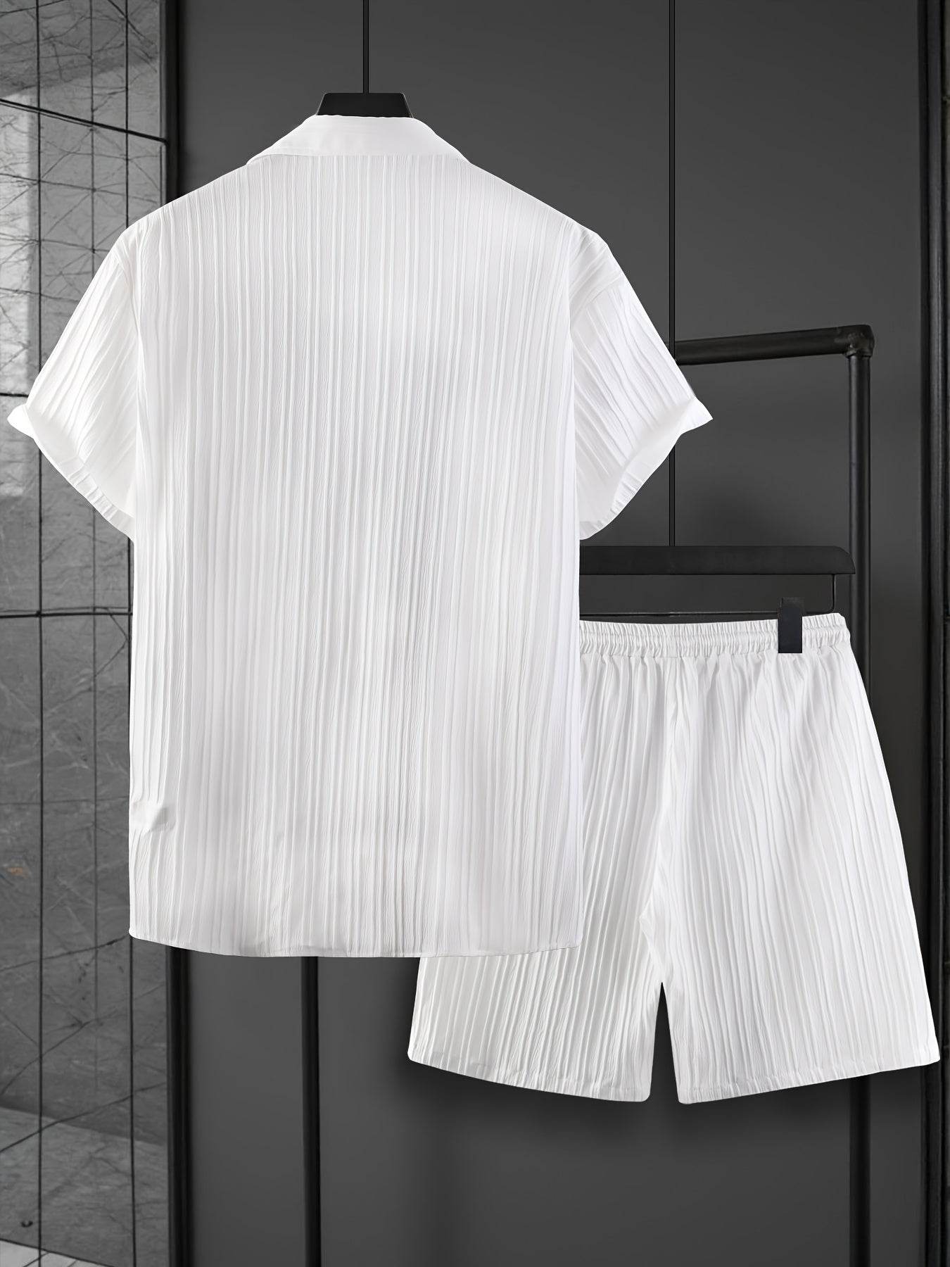 Stylish Summer White French Striped Suit for Men - Short Sleeve & Pants - Buy Center US