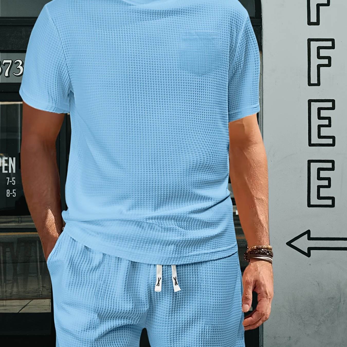 Casual Men's Sports Outfit - Waffle Henley T-Shirt & Stylish Beach Shorts - Buy Center US