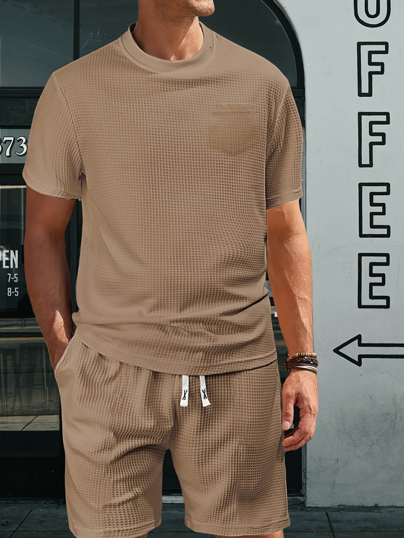 Casual Men's Sports Outfit - Waffle Henley T-Shirt & Stylish Beach Shorts - Buy Center US