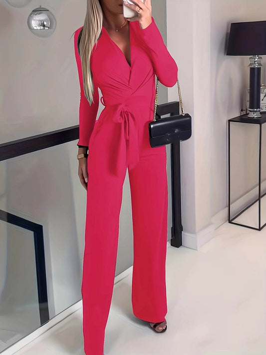 Women's Slimming V-neck Bow Tie Waist Jumpsuit - Casual Spring & Autumn - Buy Center US