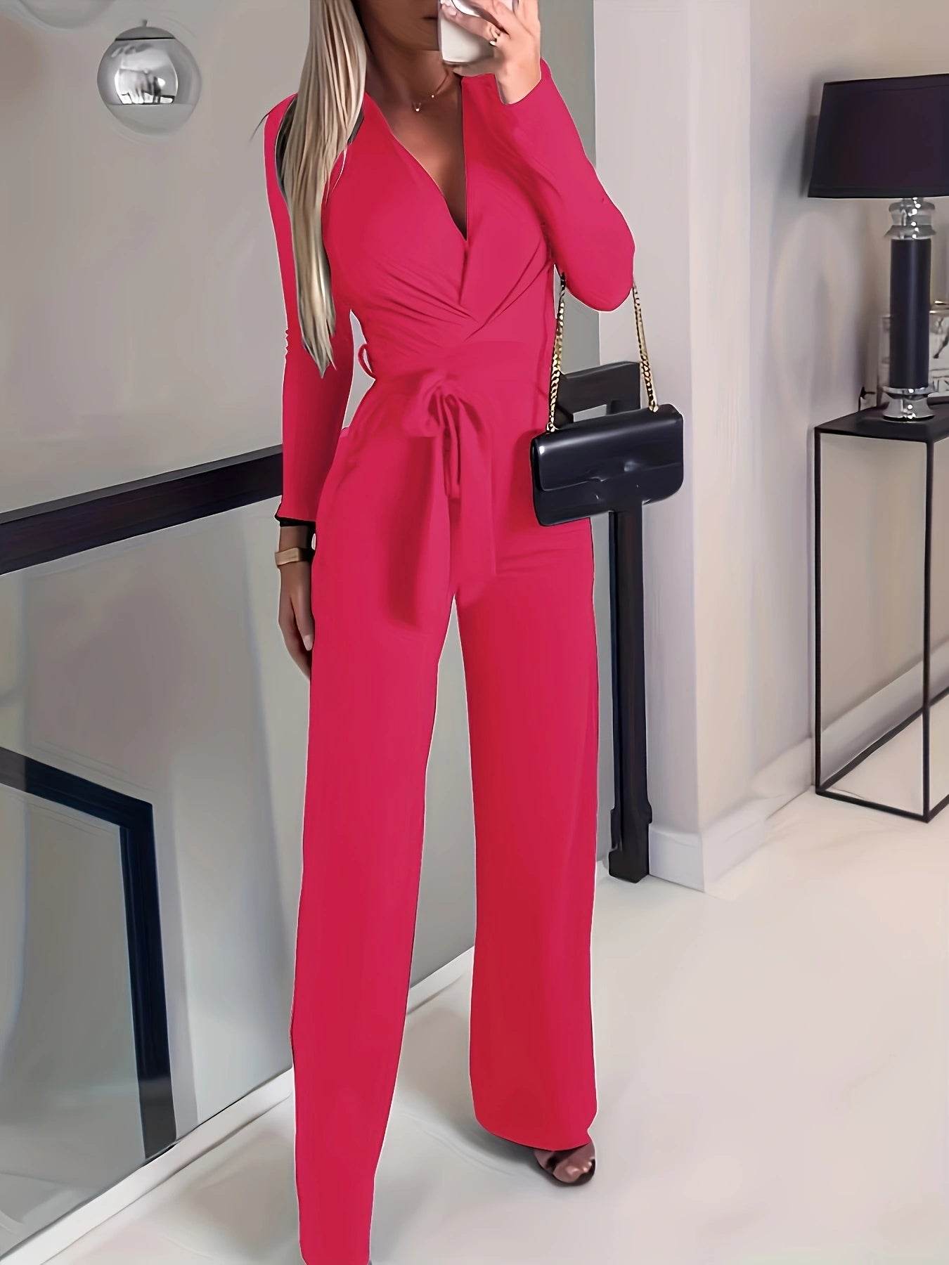 Women's Slimming V-neck Bow Tie Waist Jumpsuit - Casual Spring & Autumn - Buy Center US