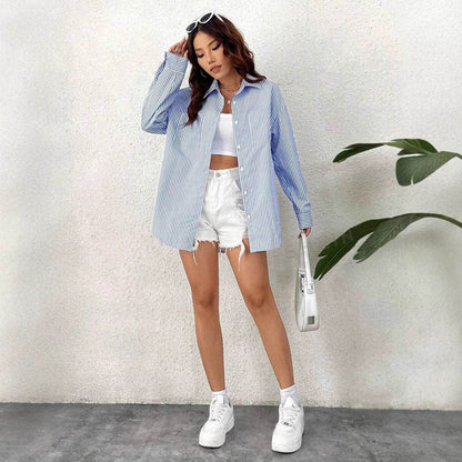 Striped Loose Casual Cardigan Top - Long Sleeve Shirt in Multiple Sizes - Buy Center US
