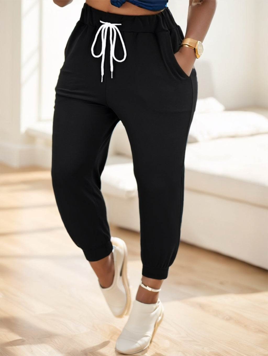 Elegant Solid Drawstring Waist Jogger Pants - Full-Length Patchwork Style - Buy Center US