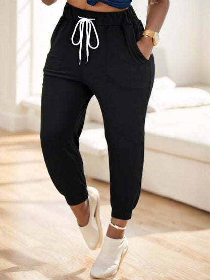 Elegant Solid Drawstring Waist Jogger Pants - Full-Length Patchwork Style - Buy Center US