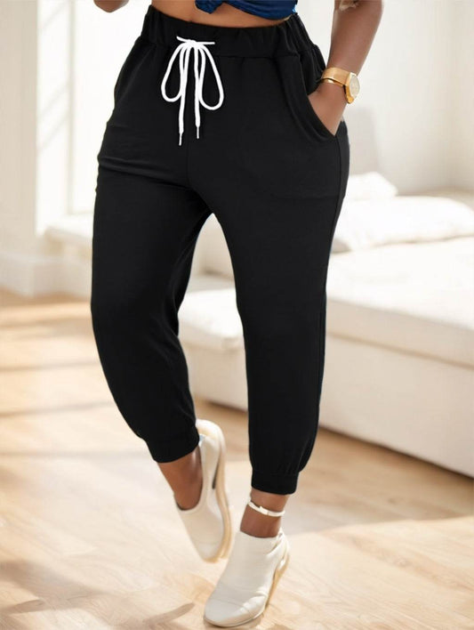 Elegant Solid Drawstring Waist Jogger Pants - Full-Length Patchwork Style - Buy Center US
