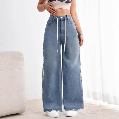 Retro Wide Leg Beaded Jeans - High Waist Denim Trousers for Trendy Look - Buy Center US
