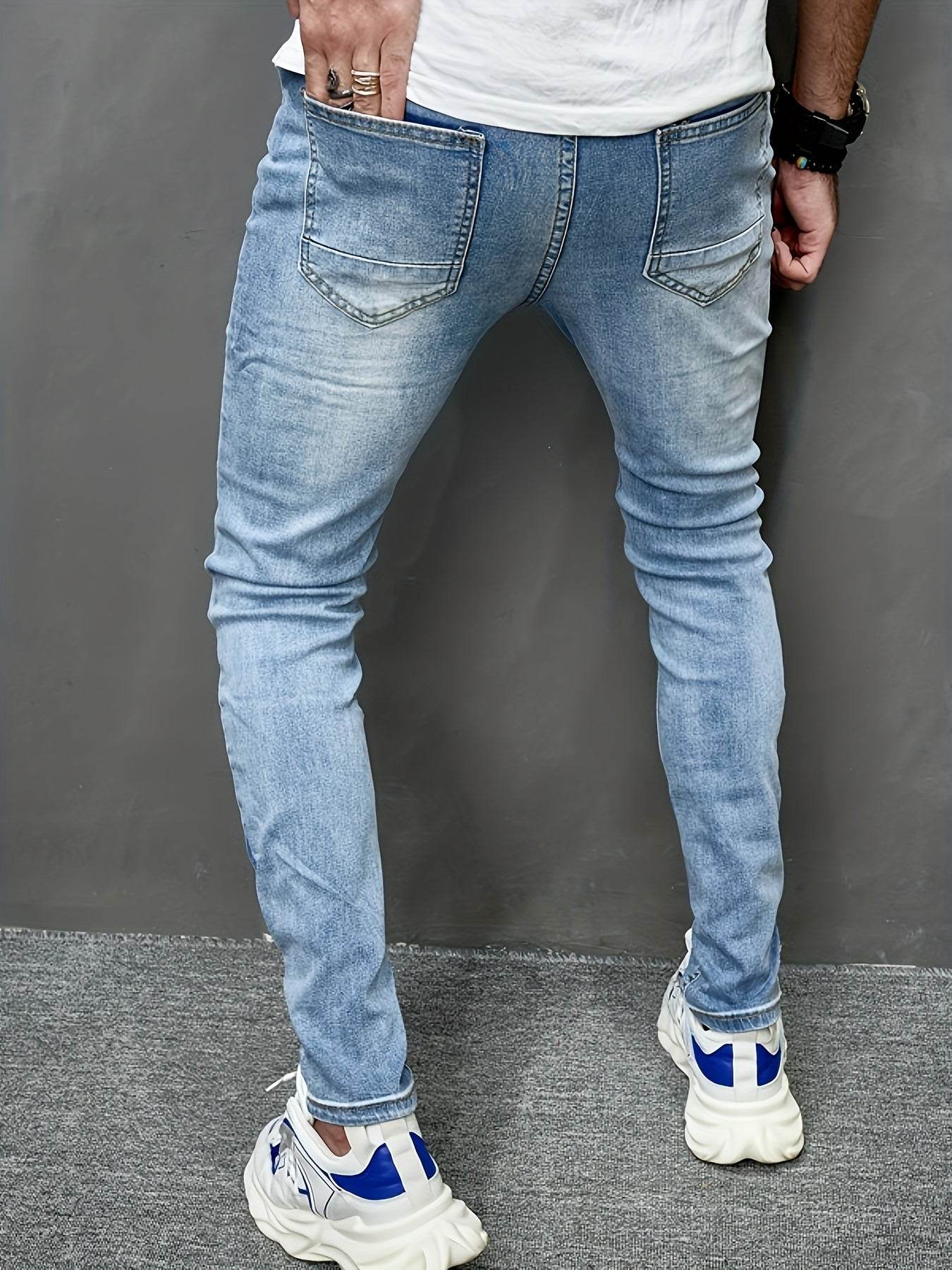 Men's Slim Fit Distressed Jeans - Ripped Stretch Denim, Light Blue - Buy Center US