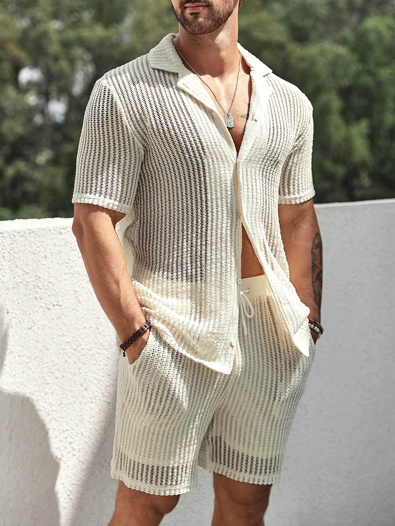 Men's Casual Hollow Short-Sleeved Set - Summer Shirt & Drawstring Shorts - Buy Center US