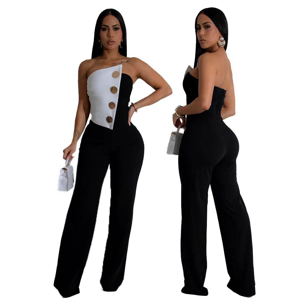Women's Black and White Button Jumpsuit - Stylish Commuter Outfit - Buy Center US