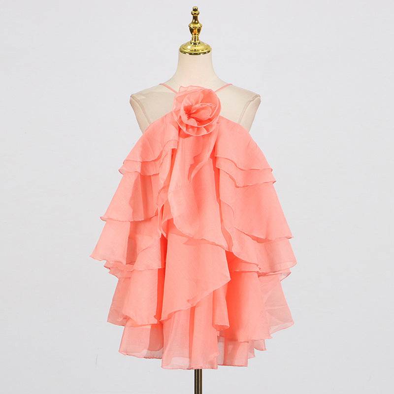 Halter Flower Design Lace-Up Dress - Asymmetric Skirt in Orange, Rose, Pink - Buy Center US