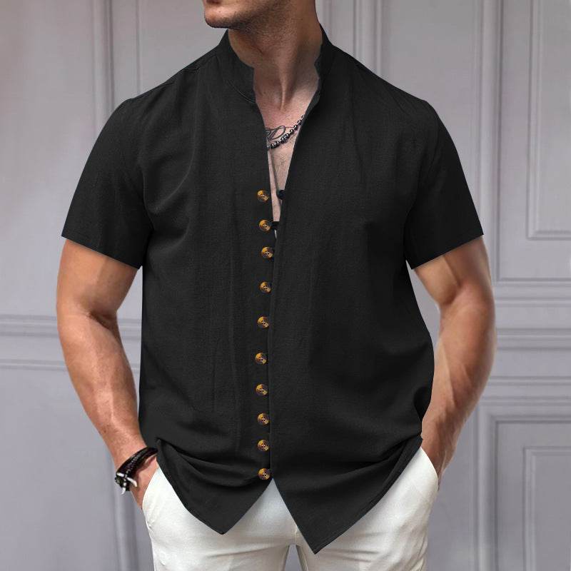 Buycenter Linen Button Stand Collar Shirt - Short Sleeve, Loose Fit - Buy Center US