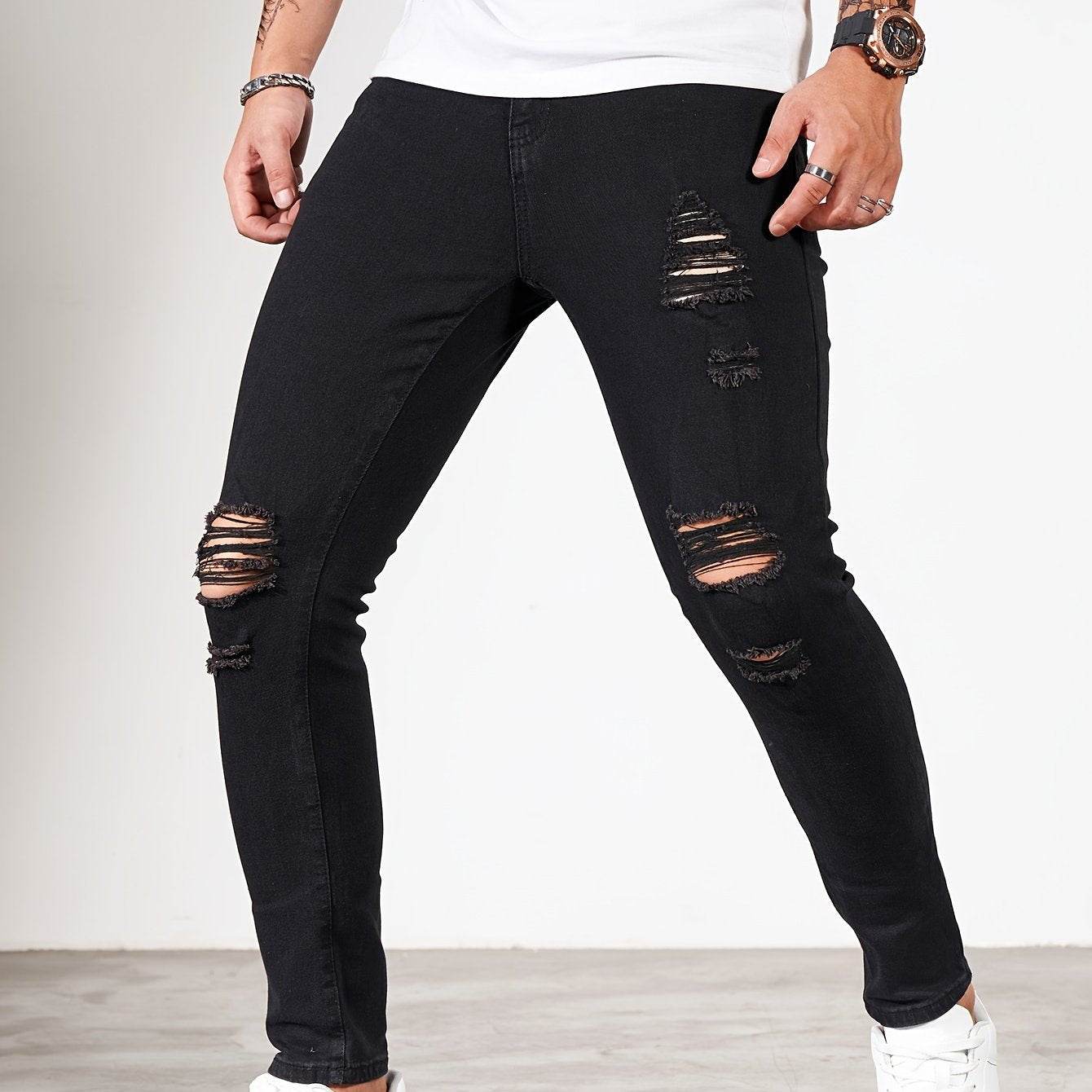 Men's Ripped Skinny Jeans - Stretch Denim Casual Wear | Distressed White/Black - Buy Center US