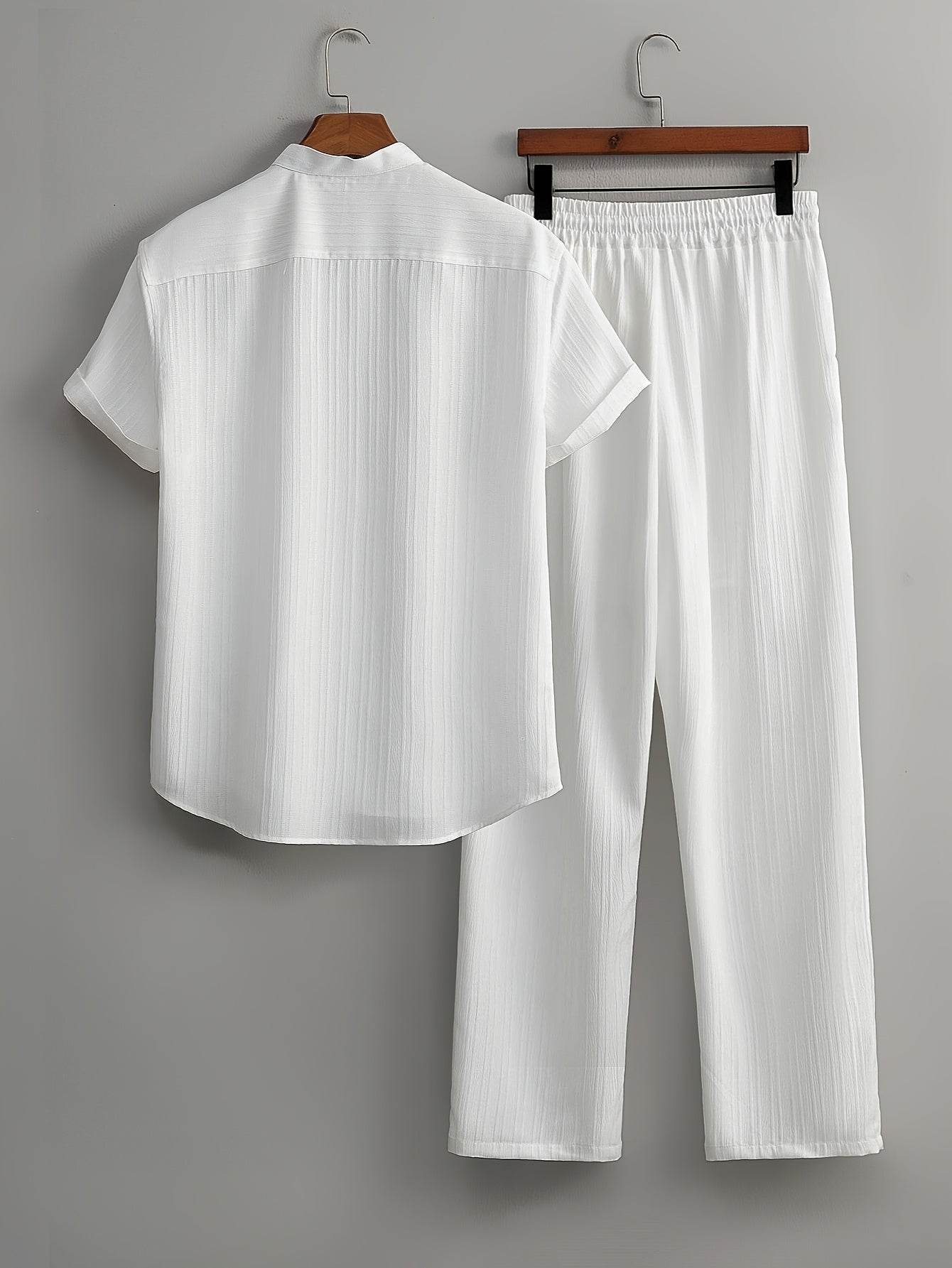 Men's Summer Striped Suit Set - Short Sleeve Shirt & Drawstring Pants - Buy Center US