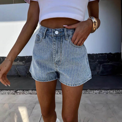 Rhinestone Women's Straight Denim Shorts - Stylish Black & Blue Options - Buy Center US