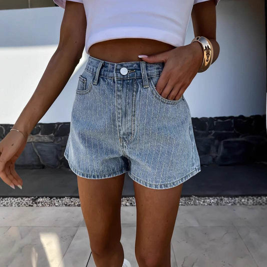 Rhinestone Women's Straight Denim Shorts - Stylish Black & Blue Options - Buy Center US
