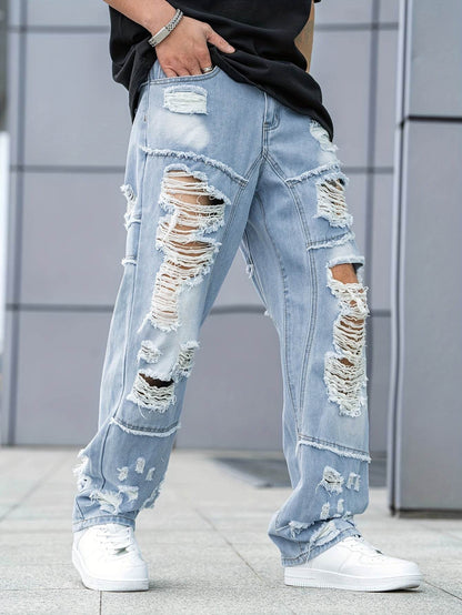Urban Chic Men's Ripped Jeans - Loose Fit Wide Leg Design for Casual Wear - Buy Center US