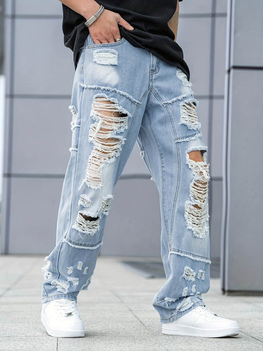 Urban Chic Men's Ripped Jeans - Loose Fit Wide Leg Design for Casual Wear - Buy Center US