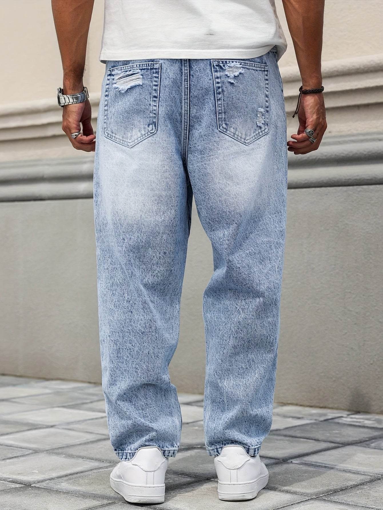 Men's Distressed Blue Denim Harem Pants - Loose Fit, Casual All-Season Wear - Buy Center US