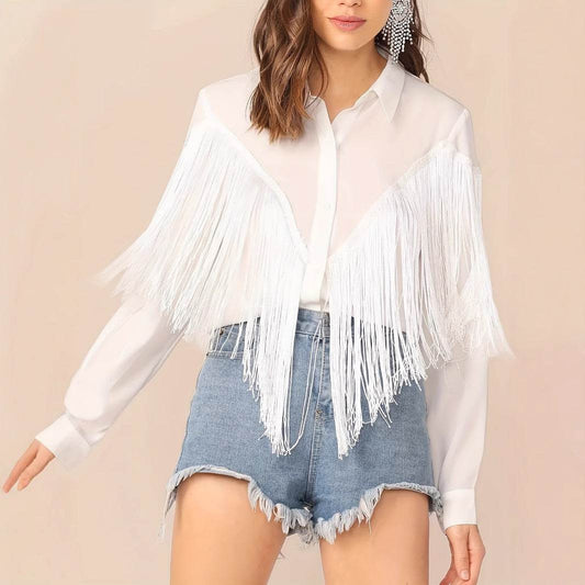 Women's Long Sleeved Tassel Shirt - Elegant Loose Casual Top - Buy Center US