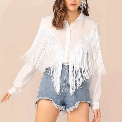 Women's Long Sleeved Tassel Shirt - Elegant Loose Casual Top - Buy Center US