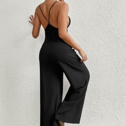 Ladies' Backless Wide Leg Jumpsuit - Casual Lightweight Summer Style - Buy Center US