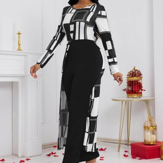 Elegant Geometric Print Jumpsuit - Long Sleeved for Autumn & Winter - Buy Center US