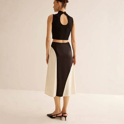 Color Contrast Patchwork Women's Skirt - Fresh Satin Asymmetric Design - Buy Center US
